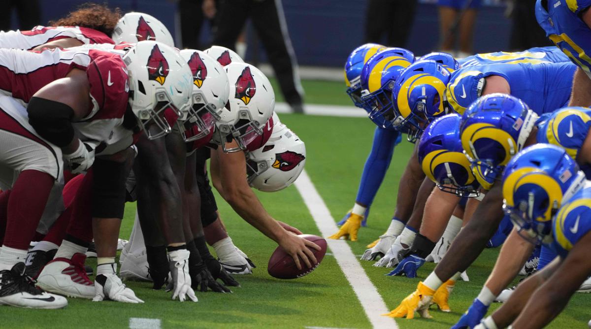 Oct 3, 2021; Inglewood, California, USA; A general overall view of the line of scrimmage as Arizona Cardinals long snapper Aaron Brewer (46) snaps the ball against the Los Angeles Rams at SoFi Stadium. The Cardinals defeated the Rams 37-20.