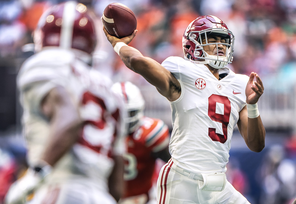 Alabama quarterback Bryce Young attempts a pass against Miami.