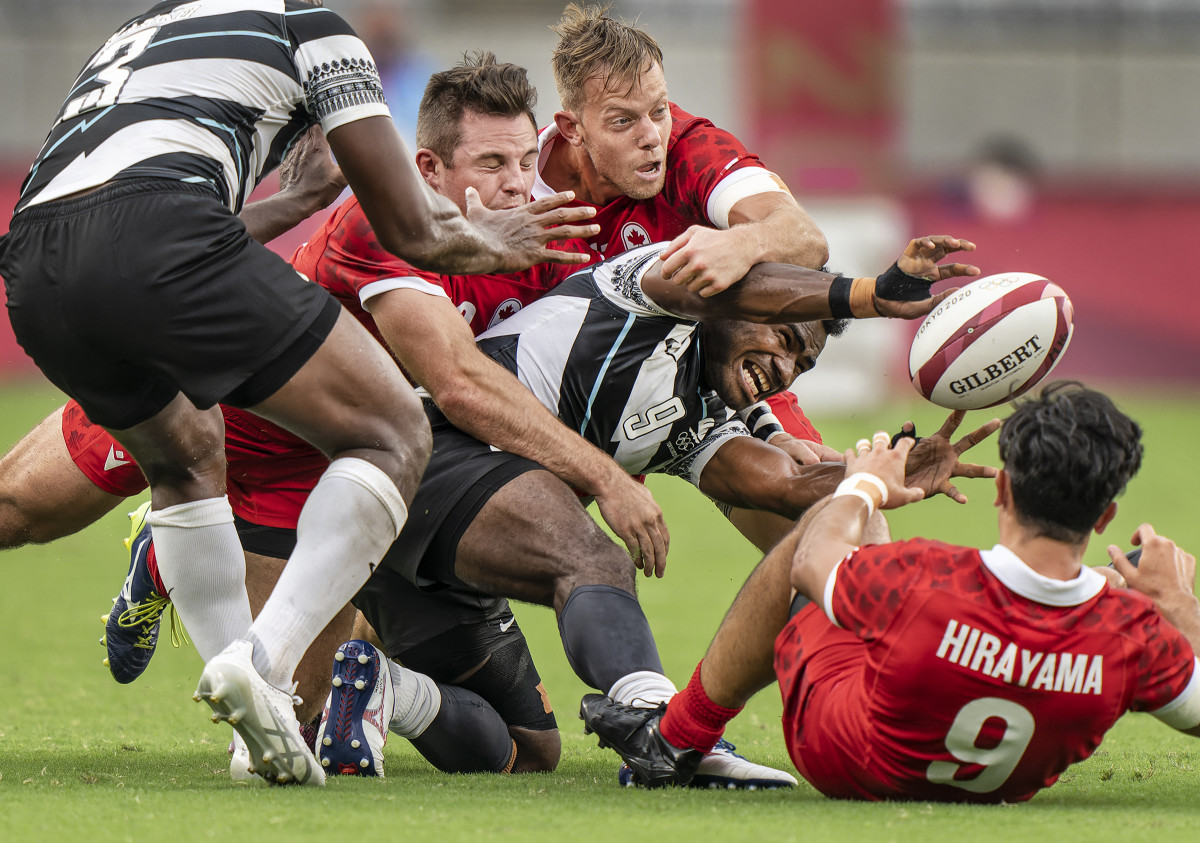 Fiji competes against Canada in a rugby match at the 2020 Tokyo Olympics.