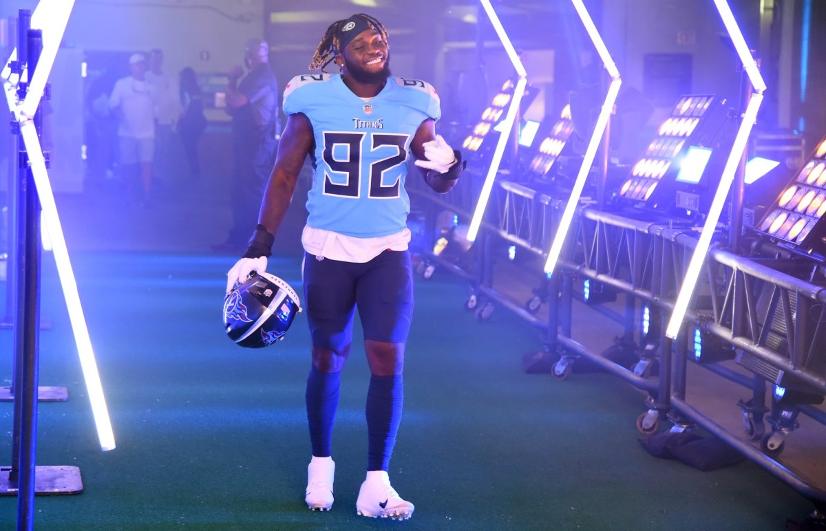 Tennessee Titans linebacker Ola Adeniyi (92) takes the field before the game against the Indianapolis Colts at Nissan Stadium.