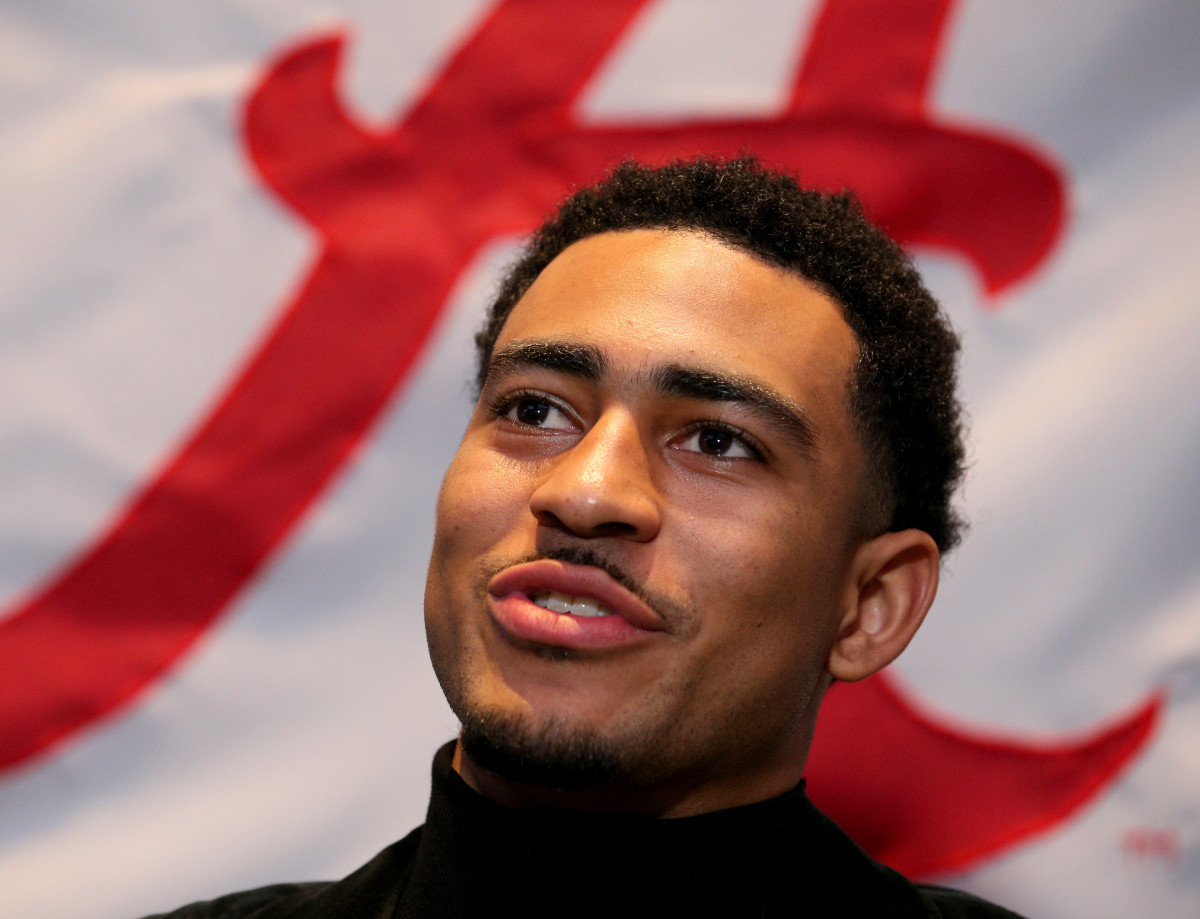 Heisman candidate quarterback Bryce Young of Alabama speaks to the media during a press conference at the New York Marriott Marquis in New York City.