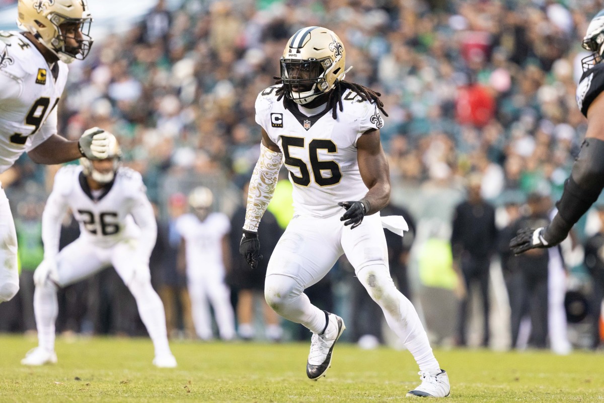 New Orleans Saints linebacker Demario Davis (56) in action against the Eagles. Mandatory Credit: Bill Streicher-USA TODAY Sports