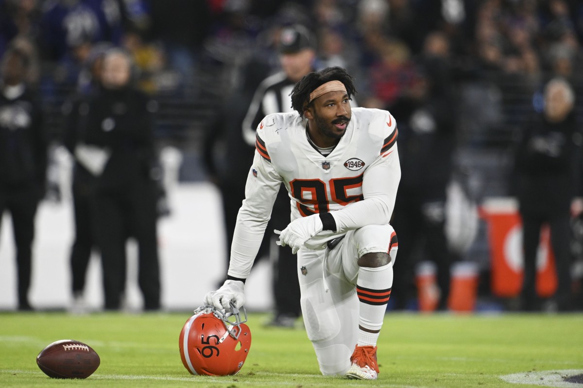 Nov 28, 2021; Baltimore, Maryland, USA; Cleveland Browns defensive end Myles Garrett (95) looks to the bench during the game against the Baltimore Ravens at M&T Bank Stadium. Mandatory Credit: Tommy Gilligan-USA TODAY Sports