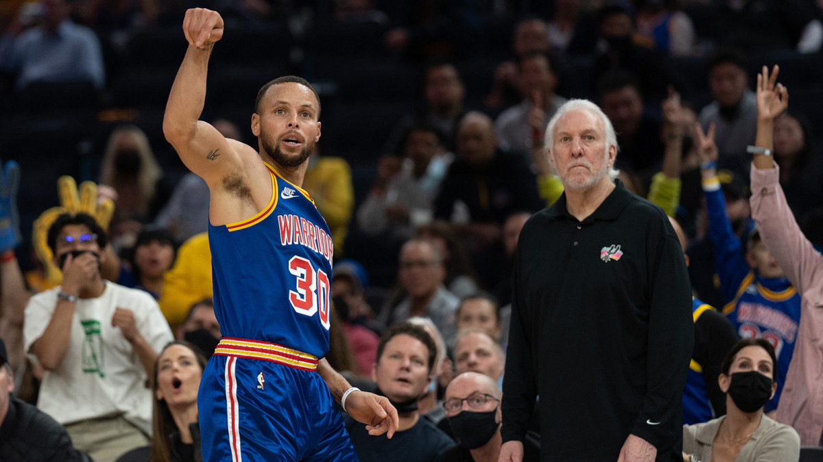 Stephen Curry shoots a three against the Spurs