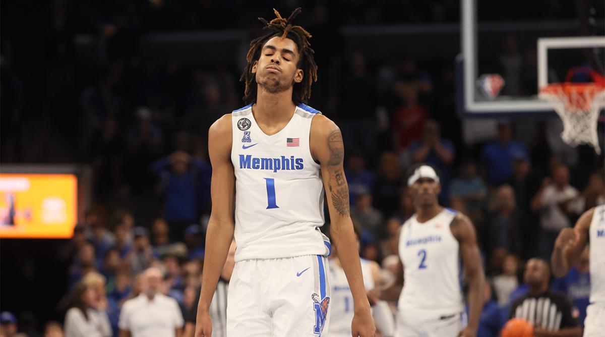Memphis Tigers guard Emoni Bates shows his frustration as he walks down the court during their 74-72 loss to the Murray State Racers at FedExForum on Friday, December 10, 2021.