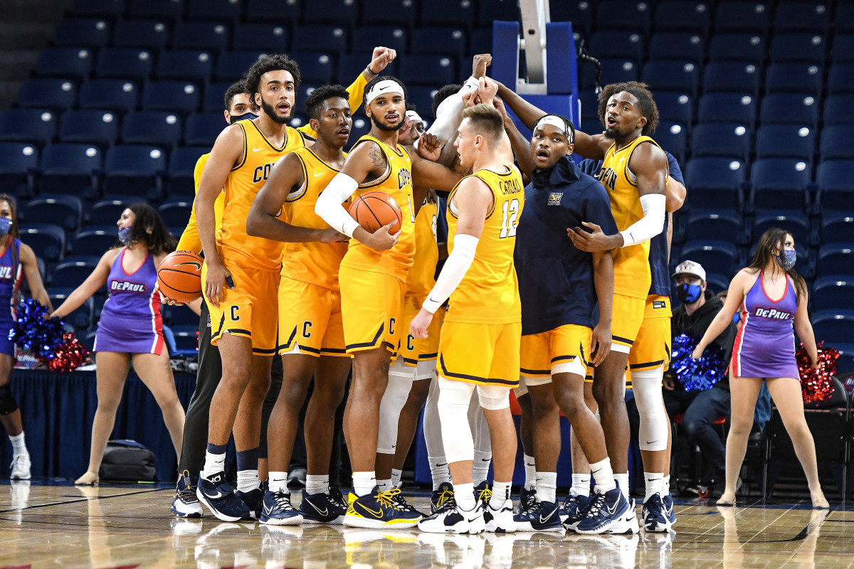 Coppin State men's basketball huddles before a game