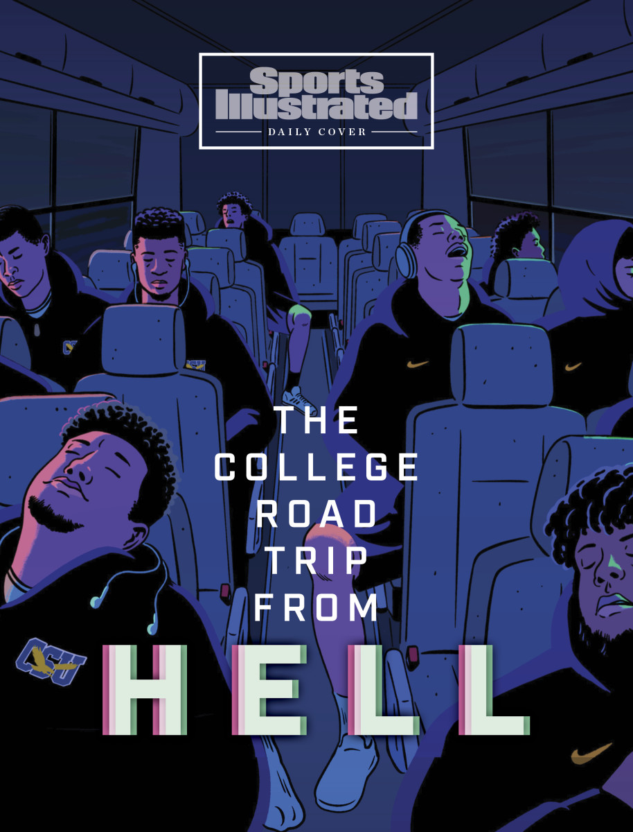 An illustration of Coppin State men's basketball players sleeping on a bus ride.