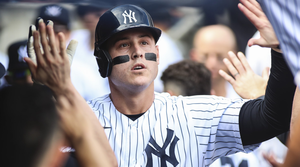 New York Yankees first baseman Anthony Rizzo (48) is greeted in the dugout after hitting a solo home run in the first inning against the Tampa Bay Rays at Yankee Stadium.