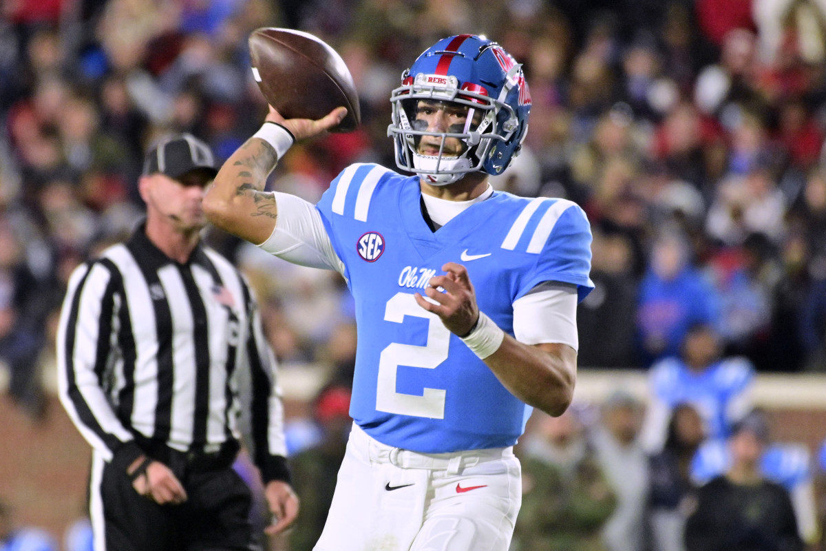 Ole Miss quarterback Matt Corral throws