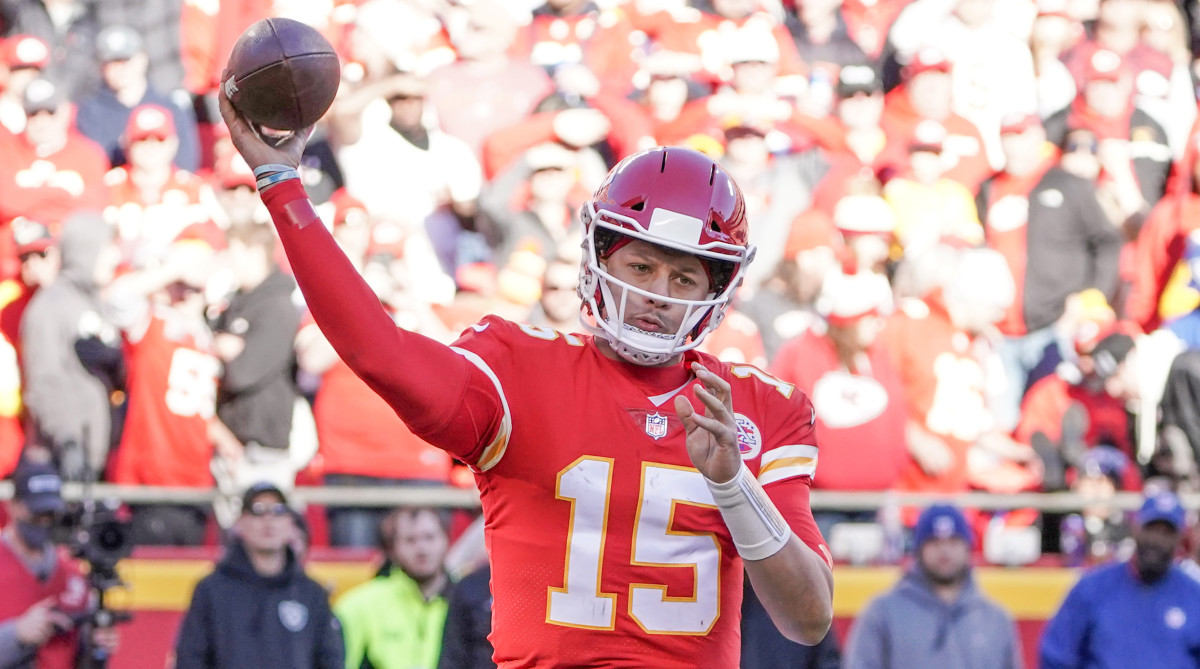 Kansas City Chiefs quarterback Patrick Mahomes (15) throws a pass against the Las Vegas Raiders during the second half at GEHA Field at Arrowhead Stadium.