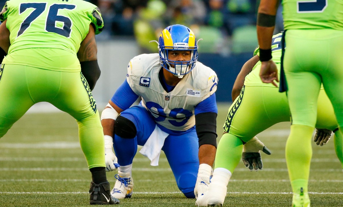 Los Angeles Rams defensive end Aaron Donald (99) waits for a snap against the Seattle Seahawks during the second quarter at Lumen Field.