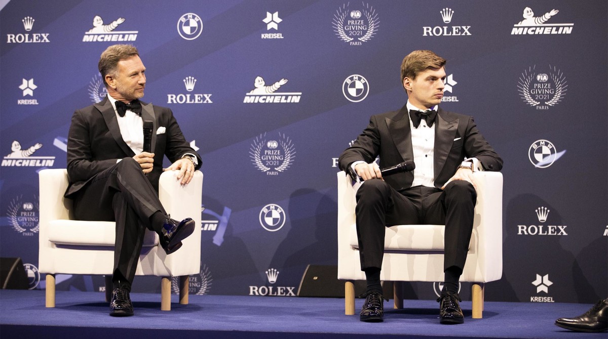 Christian Horner and Max Verstappen at FIA Prize-Giving Gala in Paris, France.