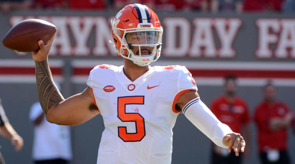 Sep 25, 2021; Raleigh, North Carolina, USA; Clemson Tigers quarterback DJ Uiagalelei (5) throws a pass during the first half against the North Carolina State Wolfpack at Carter-Finley Stadium.