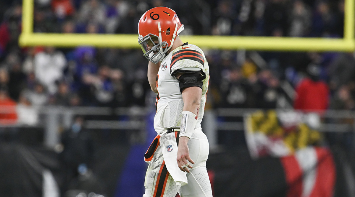 Cleveland Browns quarterback Baker Mayfield (6) walks off the field during the second half against the Baltimore Ravens.