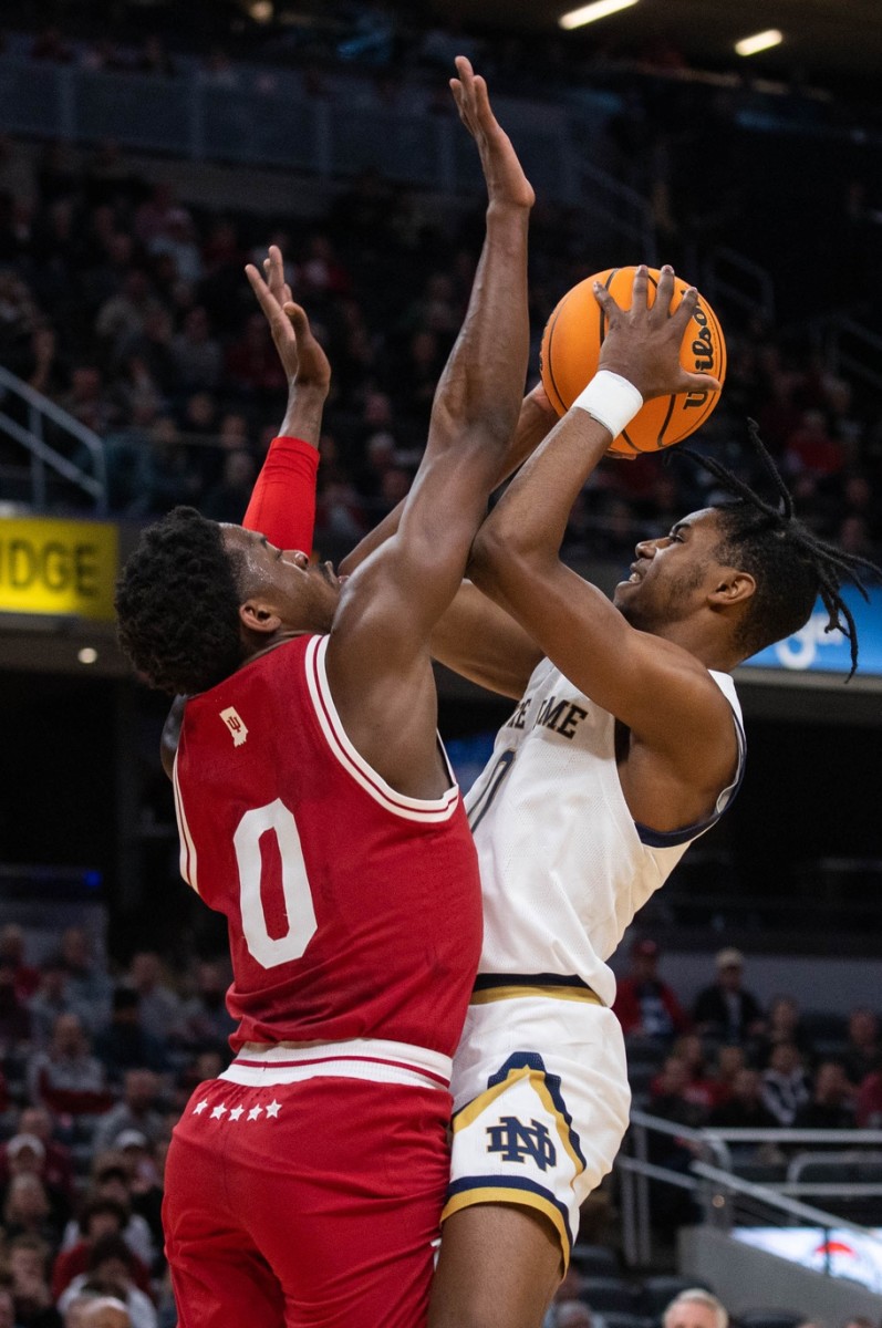Notre Dame guard Blake Wesley (0) shoots the ball while Indiana Hoosiers guard Xavier Johnson (0) defends in the first half Saturday. (Trevor Ruszkowski/USA TODAY Sports)
