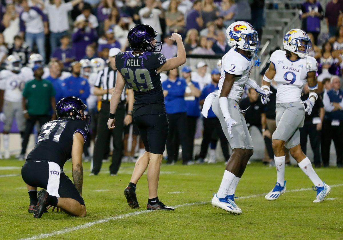 Kicker Griffin Kell kicks the game winning field goal against Kansas at Amon G. Carter Stadium on Nov. 20.