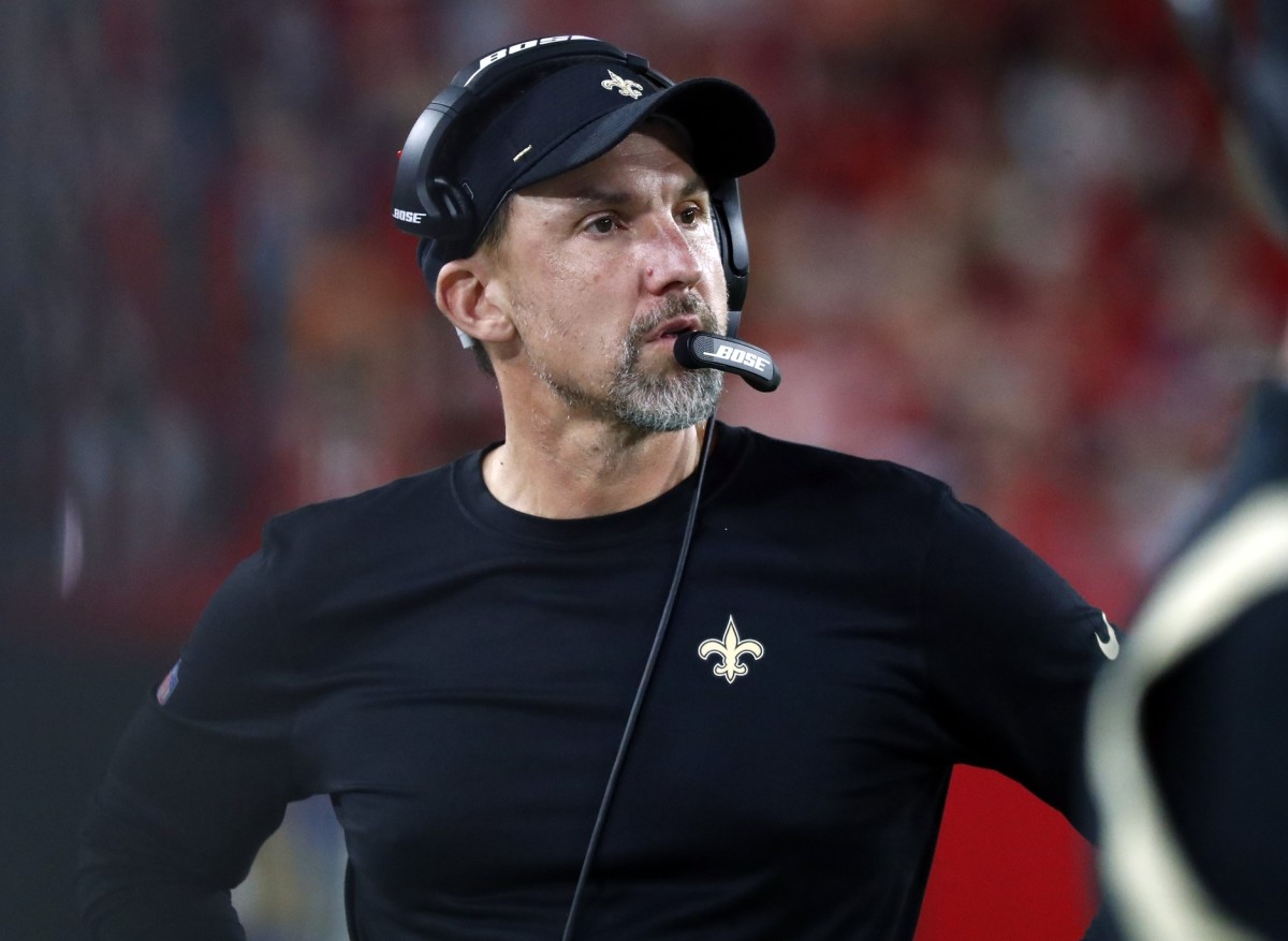 New Orleans Saints defensive coordinator Dennis Allen serves as head coach as Sean Payton has Covid-19 during the second half against the Tampa Bay Buccaneers at Raymond James Stadium.
