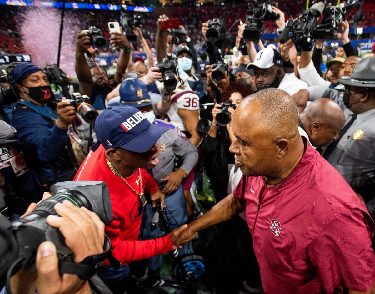 Jackson State head coach Deion Sanders and South Carolina State head coach Oliver Pough