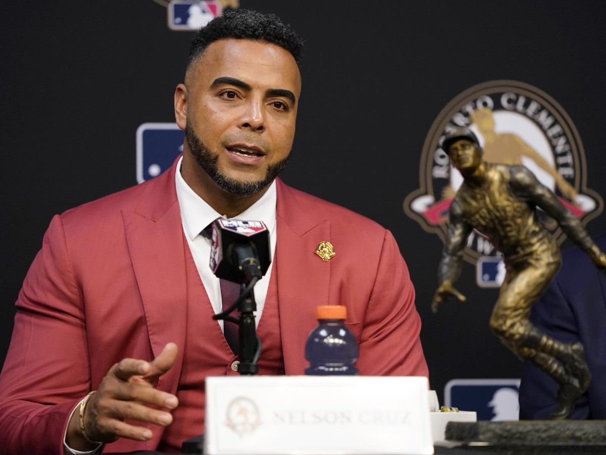 Oct 27, 2021; Houston, TX, USA; Roberto Clemente Award winner Tampa Bay Rays player Nelson Cruz at a press conference before game two of the 2021 World Series between the Houston Astros and the Atlanta Braves at Minute Maid Park.