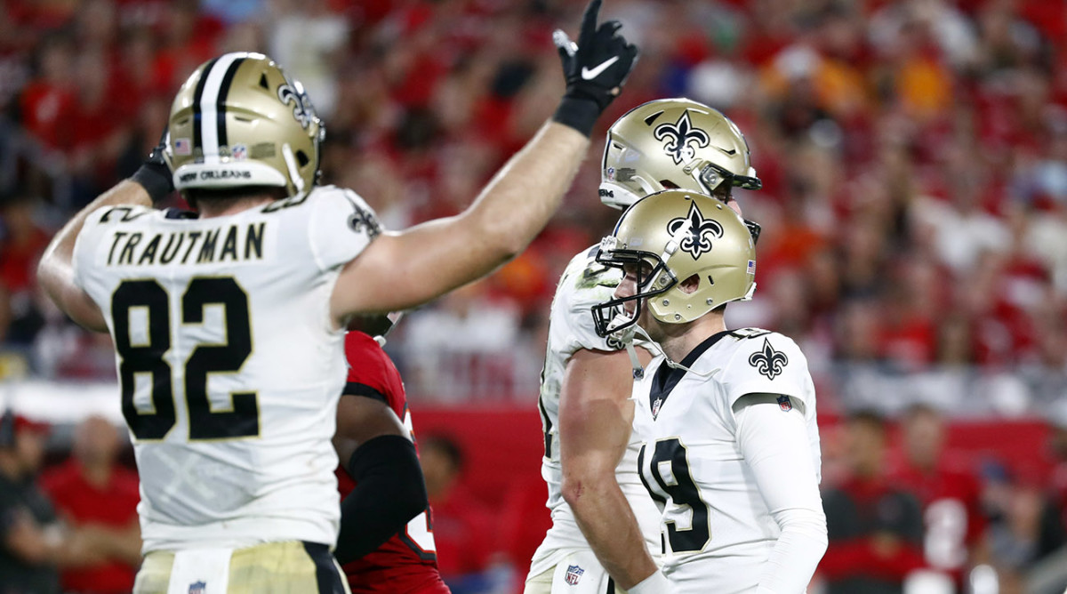 New Orleans Saints kicker Brett Maher (19) celebrates as he makes a field goal against the Tampa Bay Buccaneers