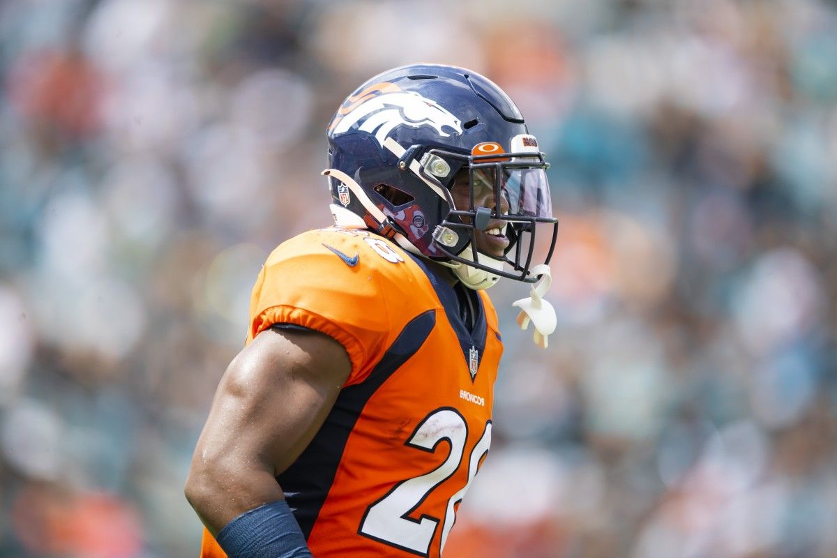 Denver Broncos running back Damarea Crockett (28) against the Jacksonville Jaguars at TIAA Bank Field.