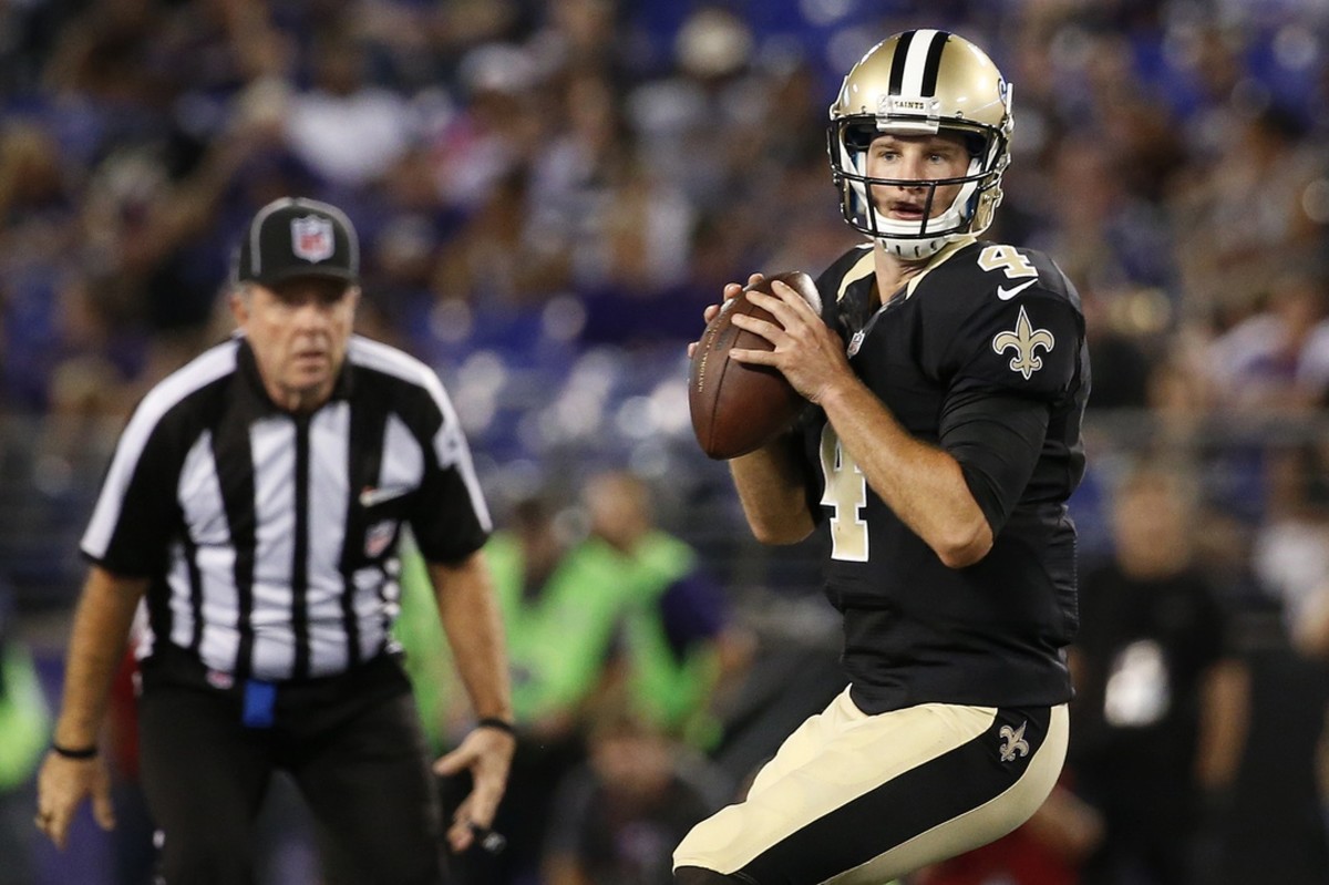 Aug 13, 2015; New Orleans Saints quarterback Ryan Griffin (4) throws against the Baltimore Ravens in preseason. Mandatory Credit: Amber Searls-USA TODAY Sports
