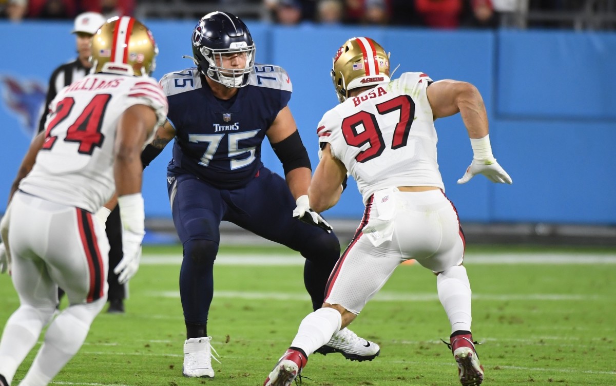 Tennessee Titans offensive tackle Dillon Radunz (75) tries to block San Francisco 49ers defensive end Nick Bosa (97) during the first half at Nissan Stadium.