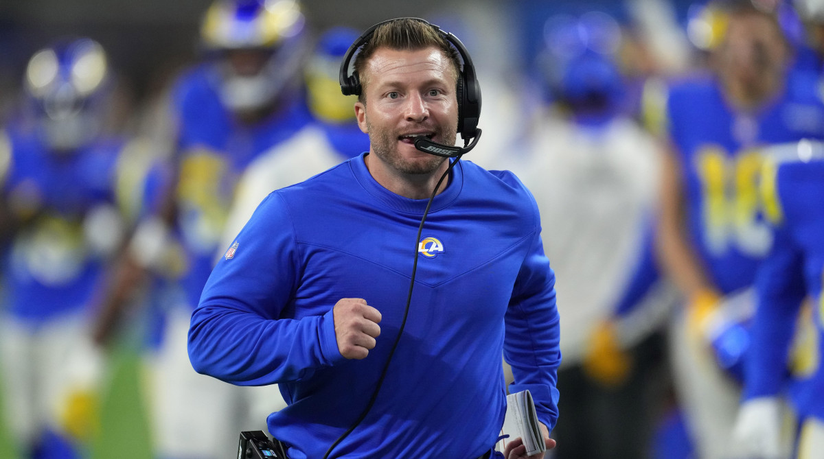 Los Angeles Rams head coach Sean McVay celebrates against the Seattle Seahawks in the second half at SoFi Stadium. The Rams defeated the Seahawks 20-10