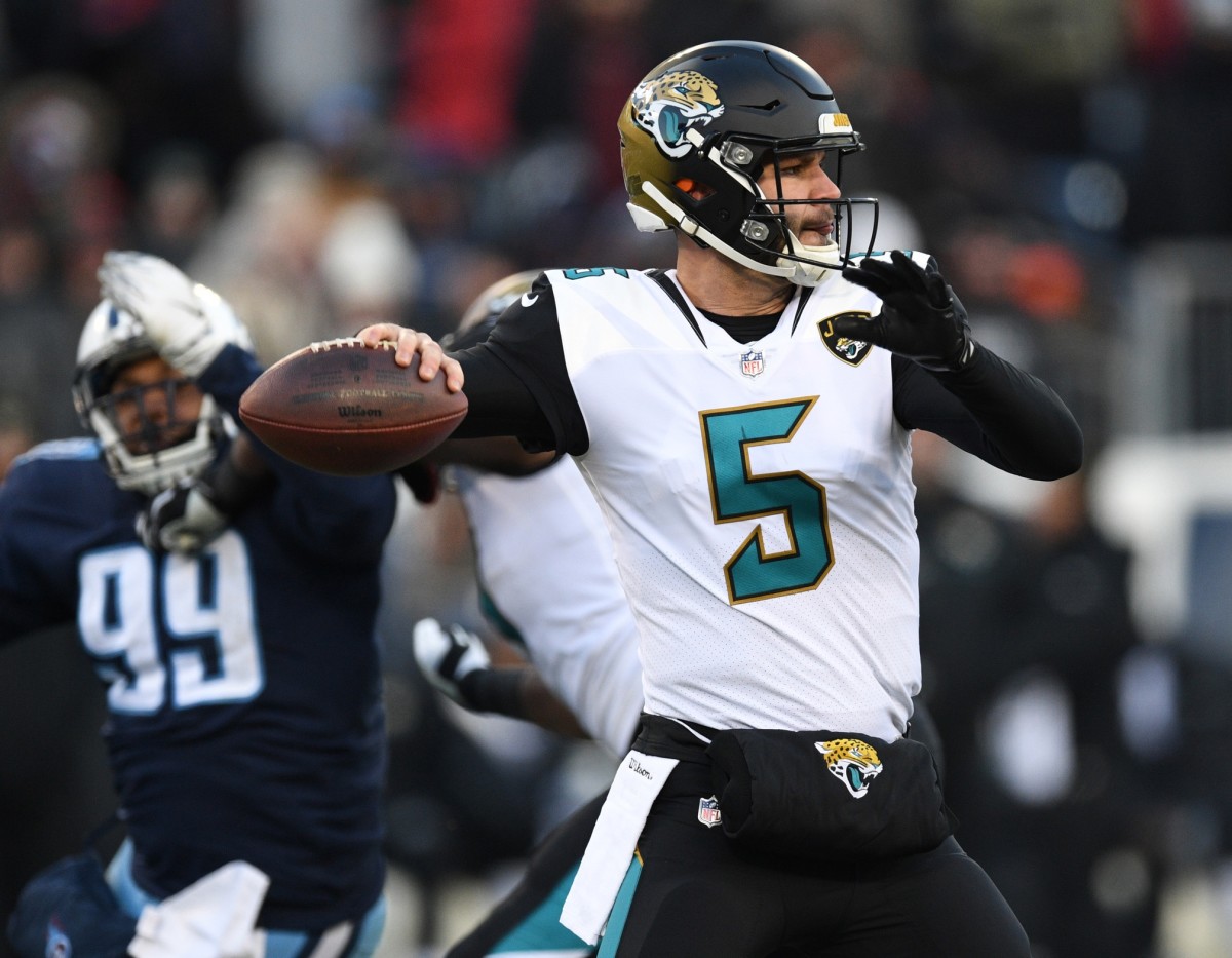 Dec 31, 2017; Jacksonville Jaguars quarterback Blake Bortles (5) passes against the Tennessee Titans. Mandatory Credit: Christopher Hanewinckel-USA TODAY 