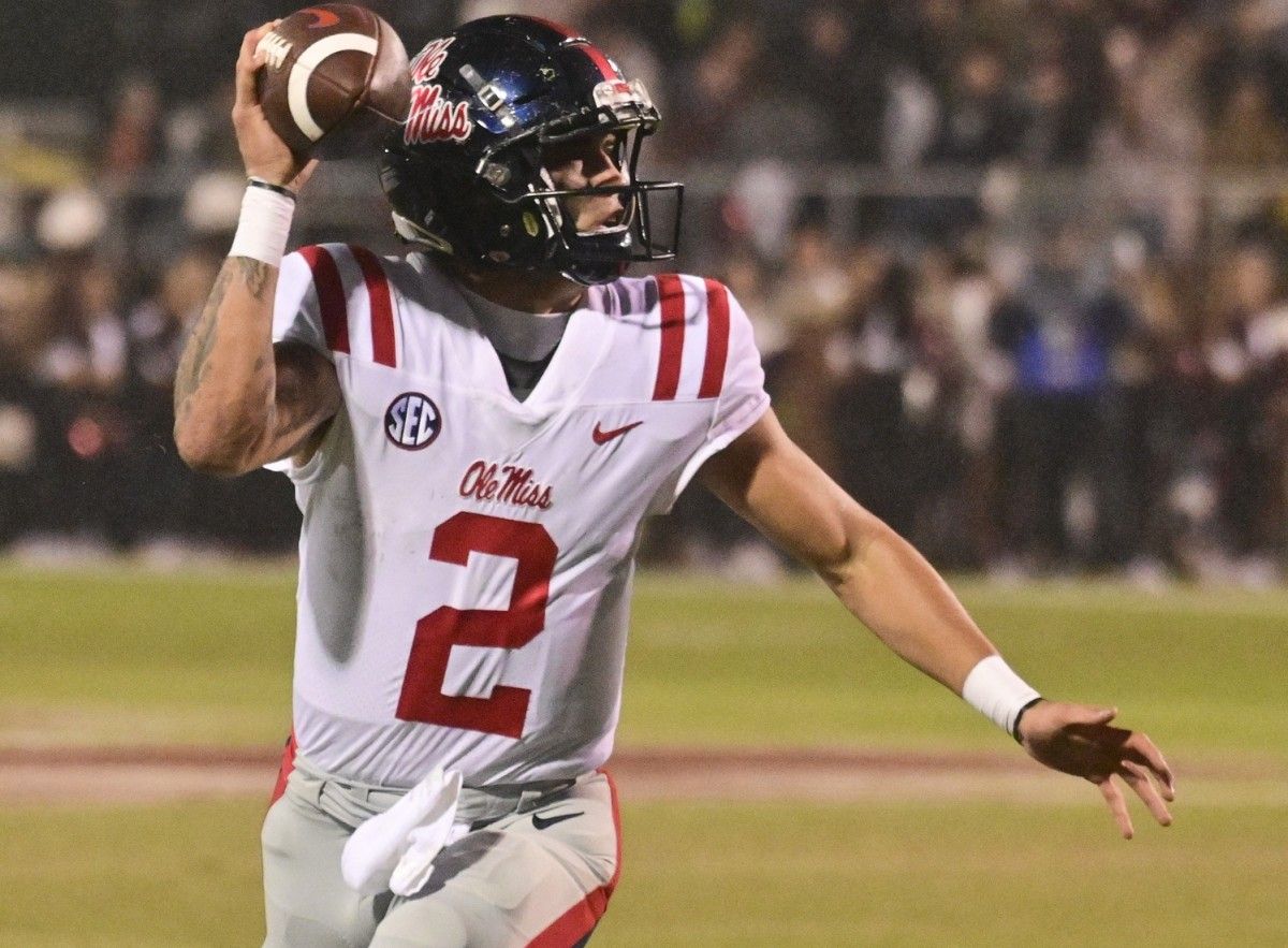 Mississippi Rebels quarterback Matt Corral (2) looks to pass against the Mississippi State Bulldogs during the first quarter at Davis Wade Stadium at Scott Field.