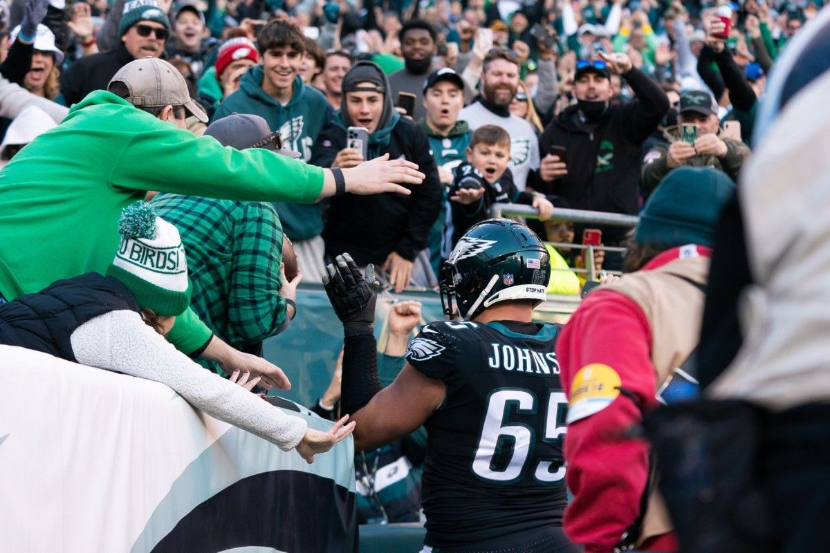 Lane Johnson greets fans after scoring the first TD of his career vs. Giants in Week 15