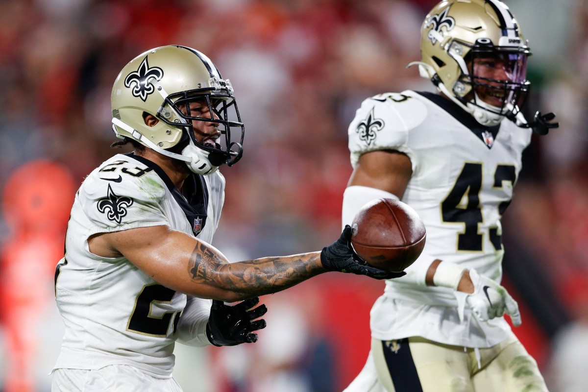 New Orleans Saints cornerback Marshon Lattimore (23) reacts after recovering a fumble against the Tampa Bay Buccaneers. Mandatory Credit: Nathan Ray Seebeck-USA TODAY 