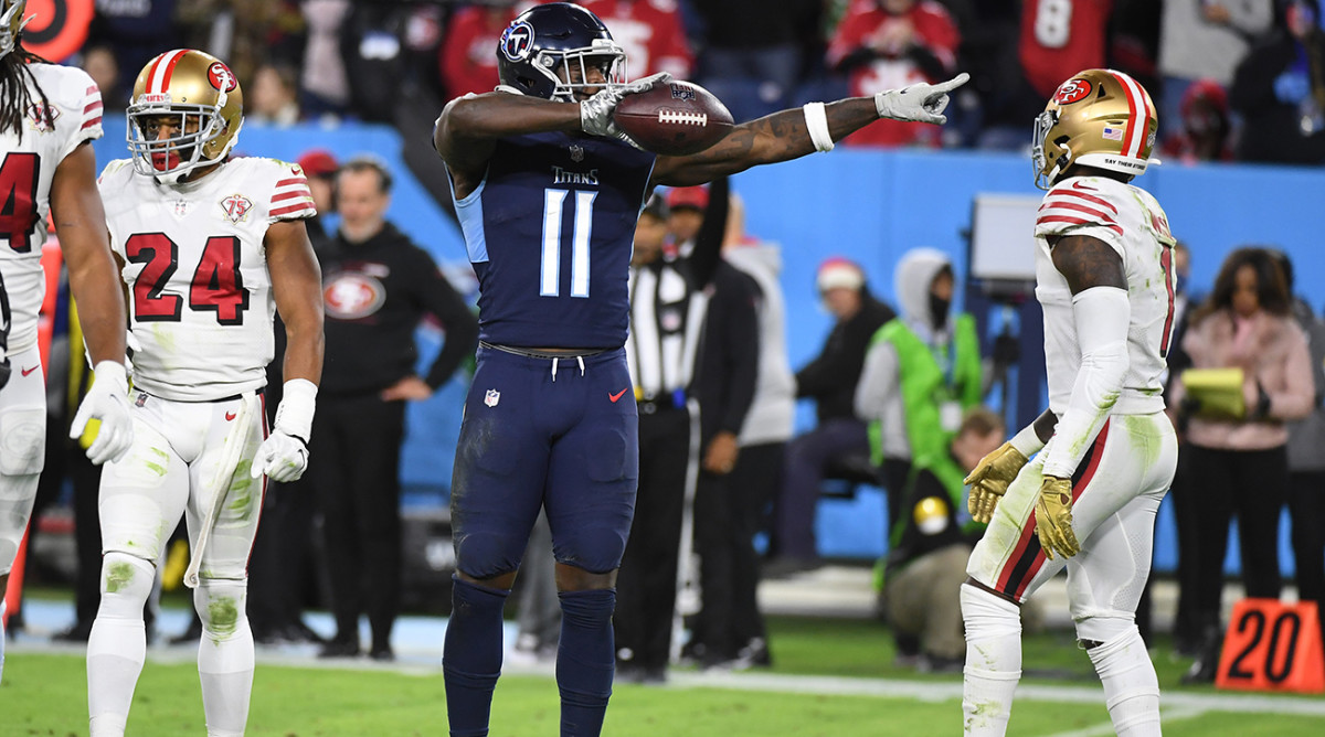 Tennessee Titans wide receiver A.J. Brown (11) reacts after a first down during the second half against the San Francisco 49ers.