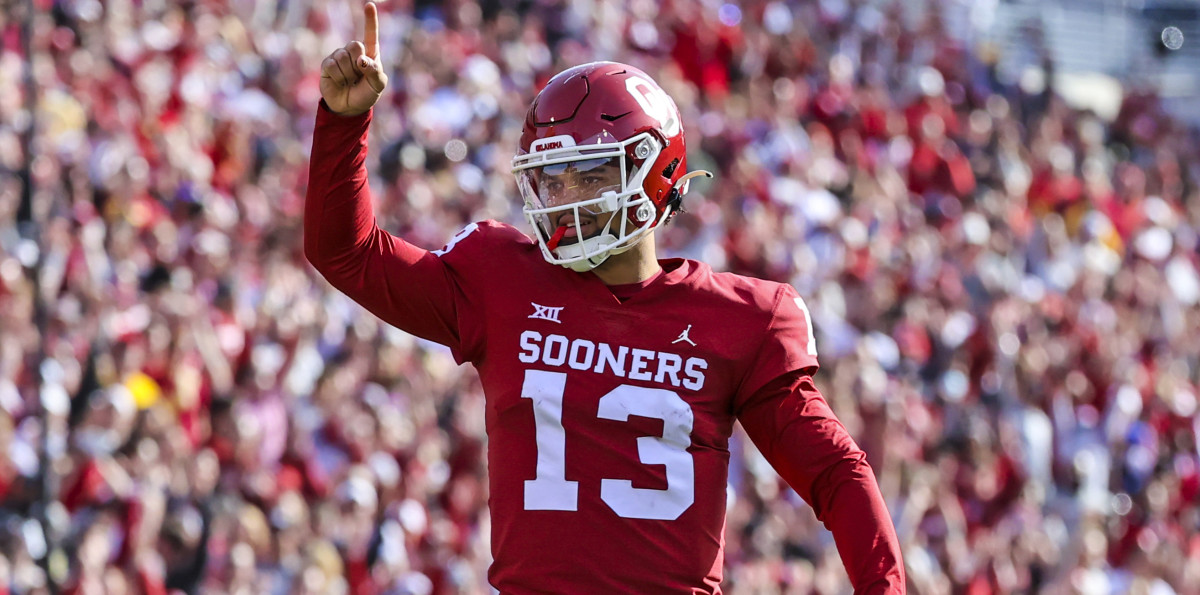 Oklahoma Sooners quarterback Caleb Williams (13) reacts after a touchdown during the fourth quarter against the Iowa State Cyclones.