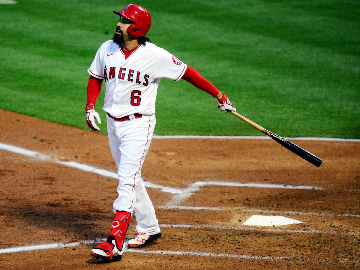 Apr 5, 2021; Anaheim, California, USA; Los Angeles Angels third baseman Anthony Rendon (6) reacts after striking out to end the first inning against the Houston Astros at Angel Stadium.