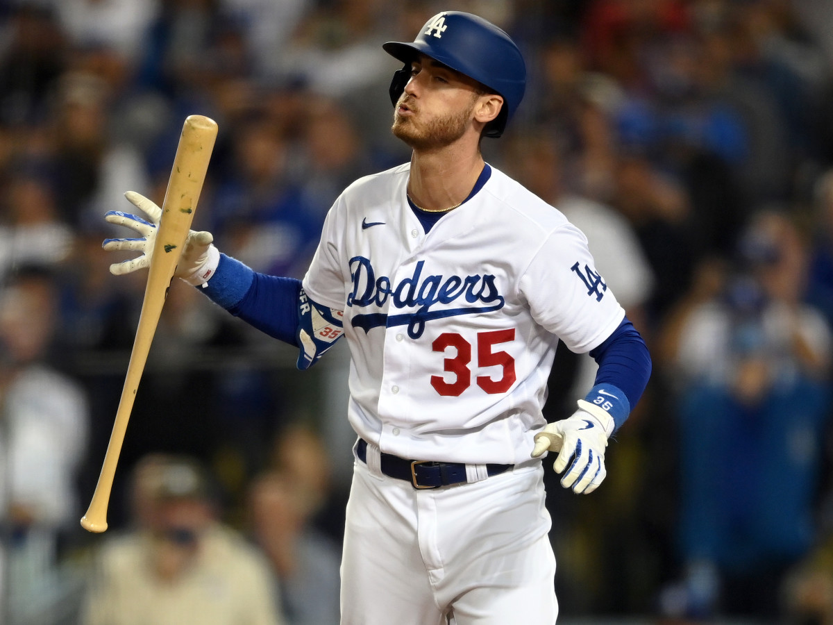 Oct 21, 2021; Los Angeles, California, USA; Los Angeles Dodgers first baseman Cody Bellinger (35) reacts after striking out in the third inning against the Atlanta Braves during game five of the 2021 NLCS at Dodger Stadium.