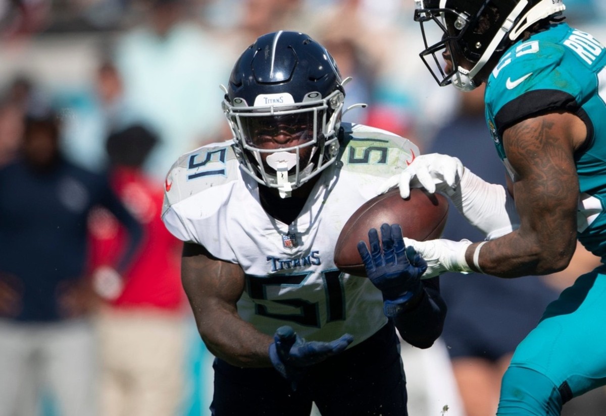 Tennessee Titans linebacker David Long Jr. (51) breaks up a pass intended for Jacksonville Jaguars running back James Robinson (25) during the fourth quarter of the game at TIAA Bank Field Sunday, Oct. 10, 2021 in Jacksonville, Fla.