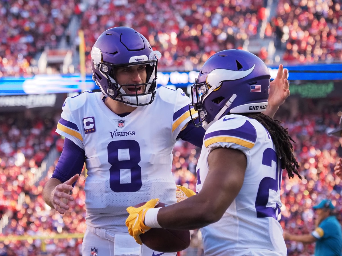 Nov 28, 2021; Santa Clara, California, USA; Minnesota Vikings quarterback Kirk Cousins (8) celebrates with running back Alexander Mattison (25) after a touchdown during the third quarter at Levi's Stadium. Mandatory Credit: Kelley L Cox-USA TODAY Sports