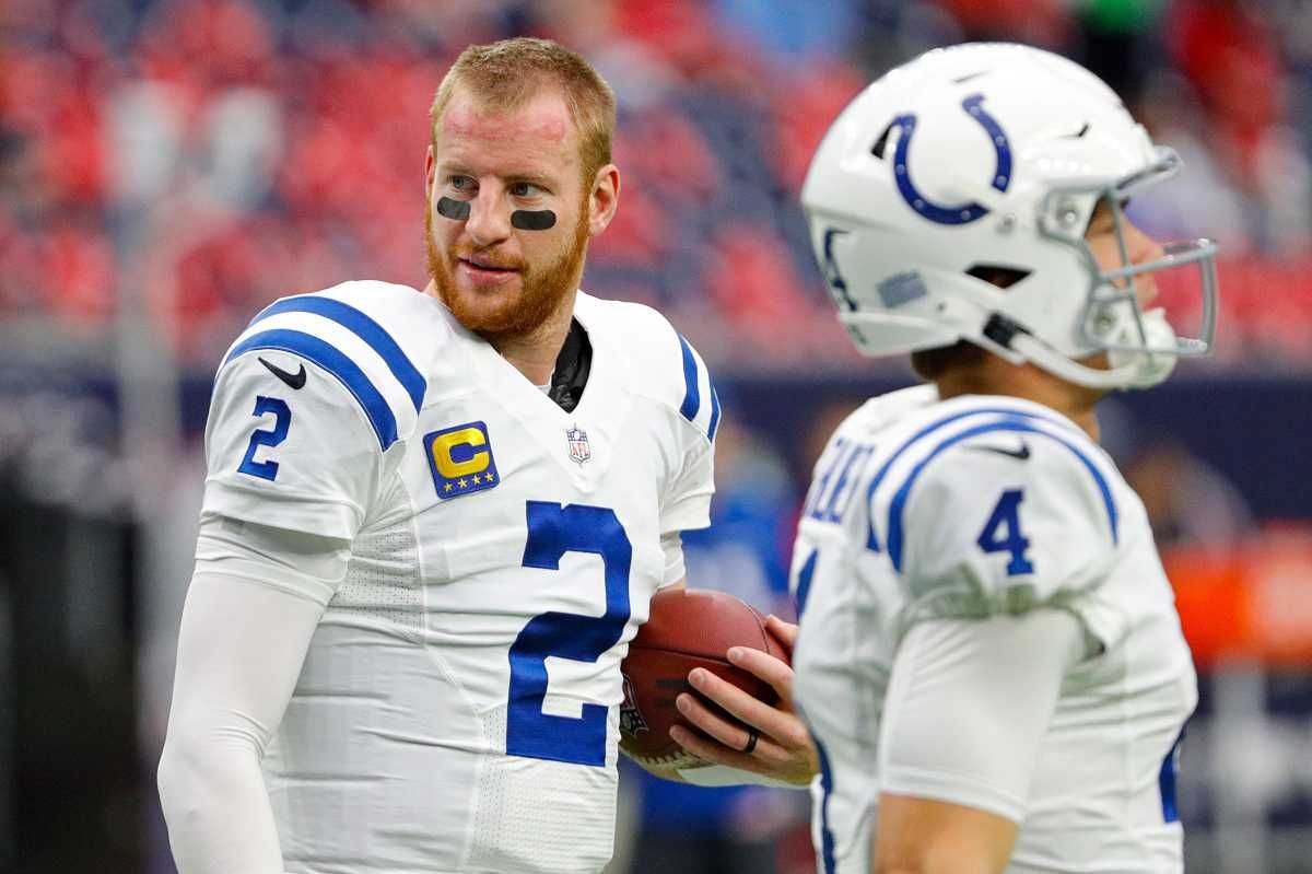 Indianapolis Colts quarterback Carson Wentz (2) warms up on the field before facing the Texans on Sunday, Dec. 5, 2021, at NRG Stadium in Houston. Indianapolis Colts Versus Houston Texans On Sunday Dec 5 2021 At Nrg Stadium In Houston Texas