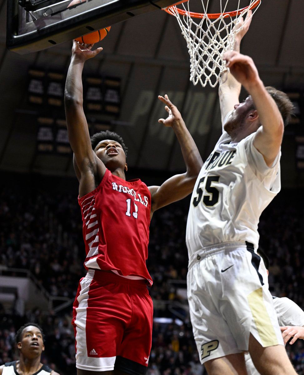 Sasha Stefanovic tries to block a Nicholls State player.