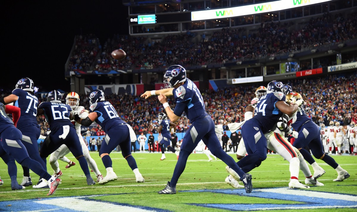 Tennessee Titans quarterback Ryan Tannehill (17) passes out of his own end zone during the second half against the San Francisco 49ers at Nissan Stadium.