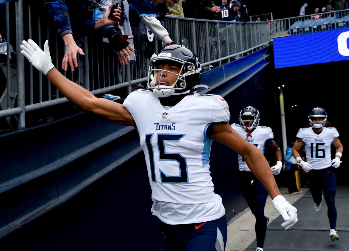 Tennessee Titans wide receiver Nick Westbrook-Ikhine (15) heads to the field to face the Patriots at Gillette Stadium Sunday, Nov. 28, 2021 in Foxborough, Mass.