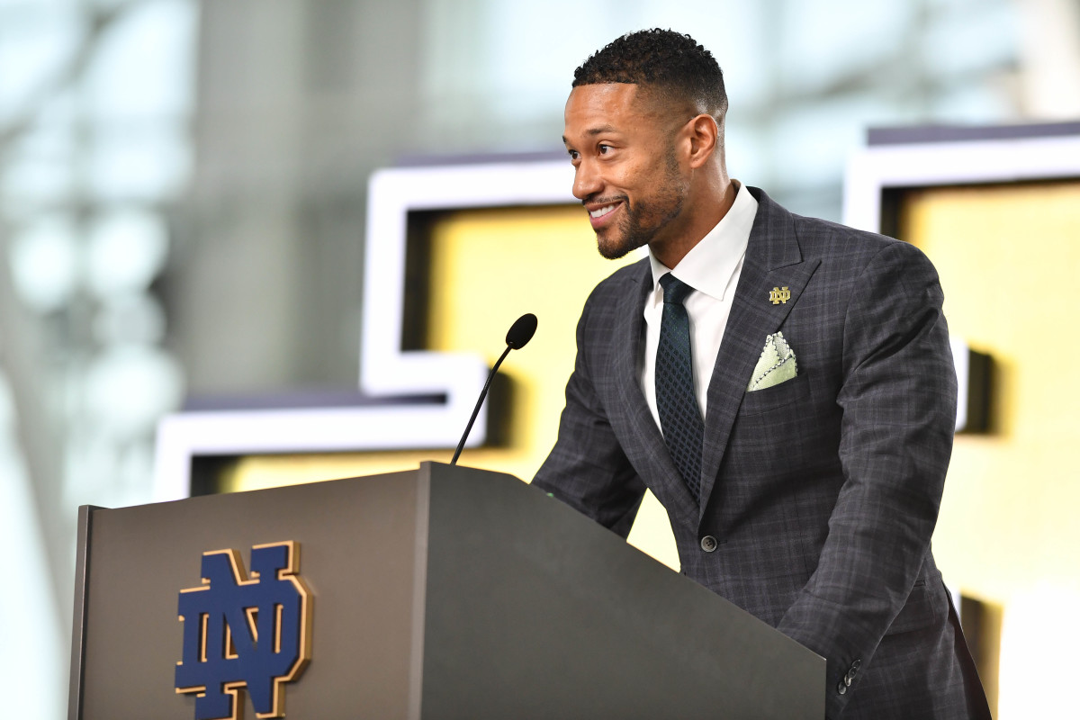 Dec 6, 2021; Notre Dame, IN, USA; Notre Dame Fighting Irish head football coach Marcus Freeman speaks during his formal introduction on the campus of the University of Notre Dame. Mandatory Credit: Matt Cashore-USA TODAY Sports