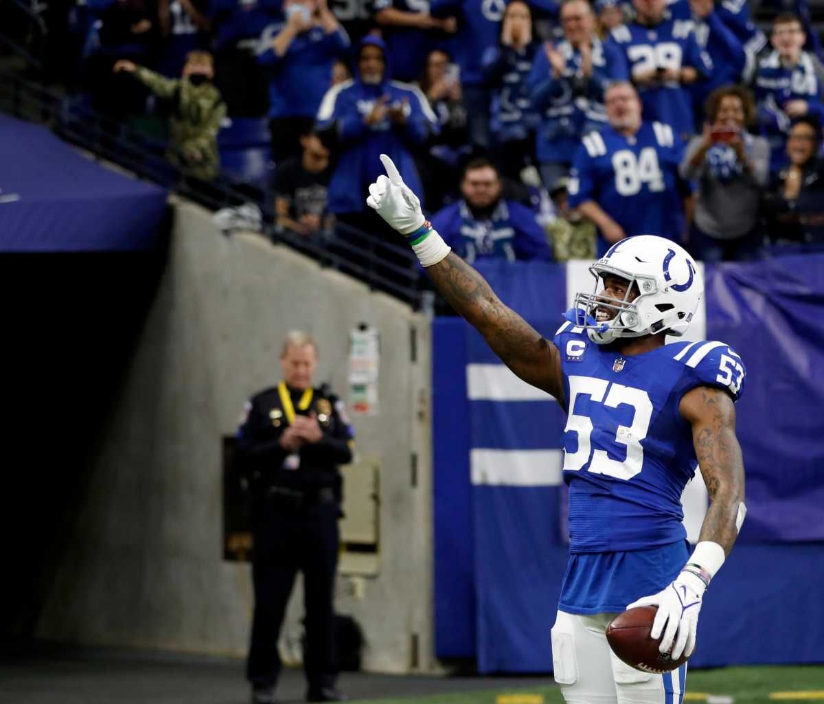 Indianapolis Colts outside linebacker Darius Leonard (53) celebrates after making an interception Sunday, Jan. 2, 2022, during a game against the Las Vegas Raiders at Lucas Oil Stadium in Indianapolis.
