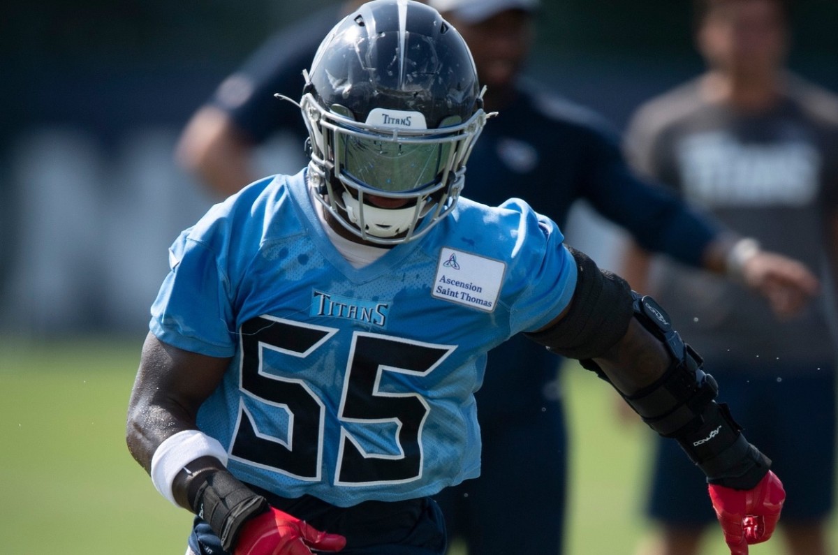 Tennessee Titans linebacker Jayon Brown (55) races up the field during a training camp practice at Saint Thomas Sports Park Tuesday, Aug. 10, 2021 in Nashville, Tenn.
