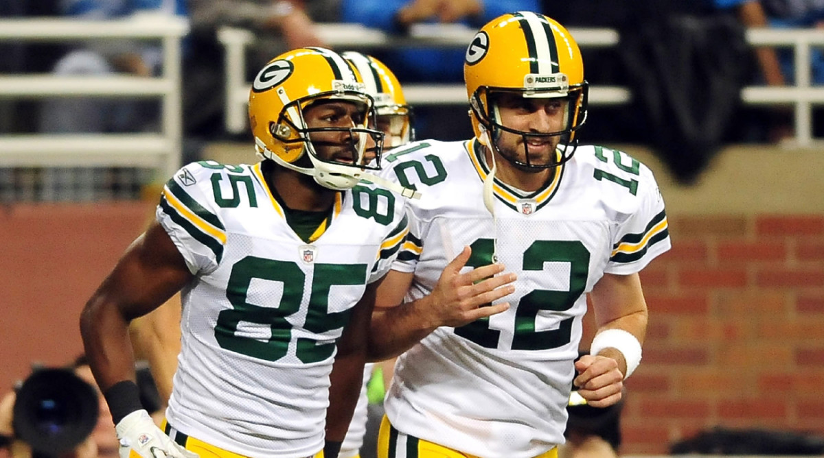 Greg Jennings and Aaron Rodgers of the Packers during a game.