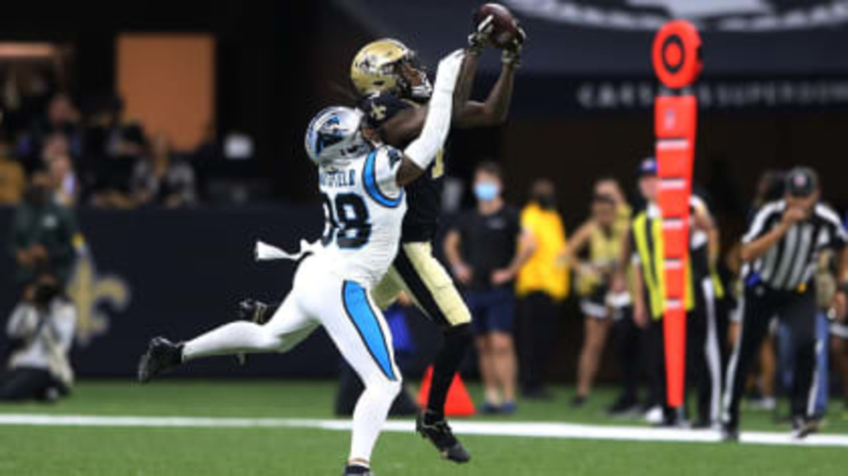New Orleans receiver Marquez Callaway (1) snags one of his six receptions against the Carolina Panthers. Credit: neworleanssaints.com