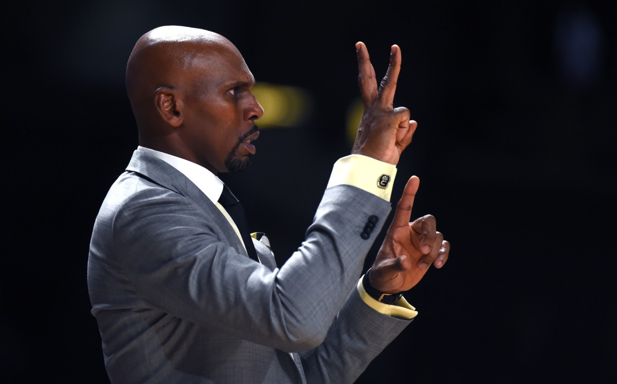 Vanderbilt Commodores head coach Jerry Stackhouse signals from the bench during the second half against the Alabama State Hornets at Memorial Gymnasium.