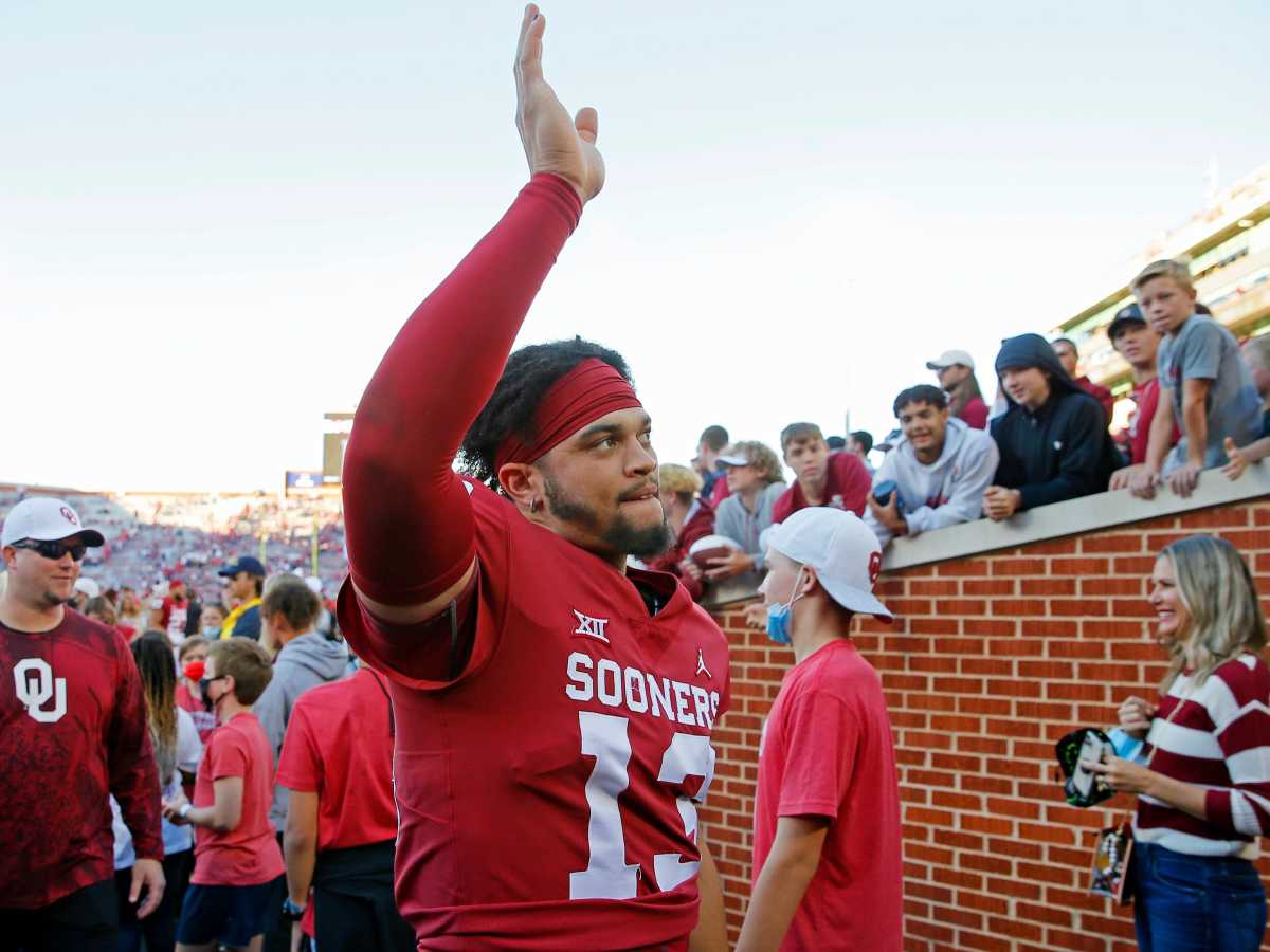 Caleb Williams waves to Oklahoma crowd after a win over Texas Tech.