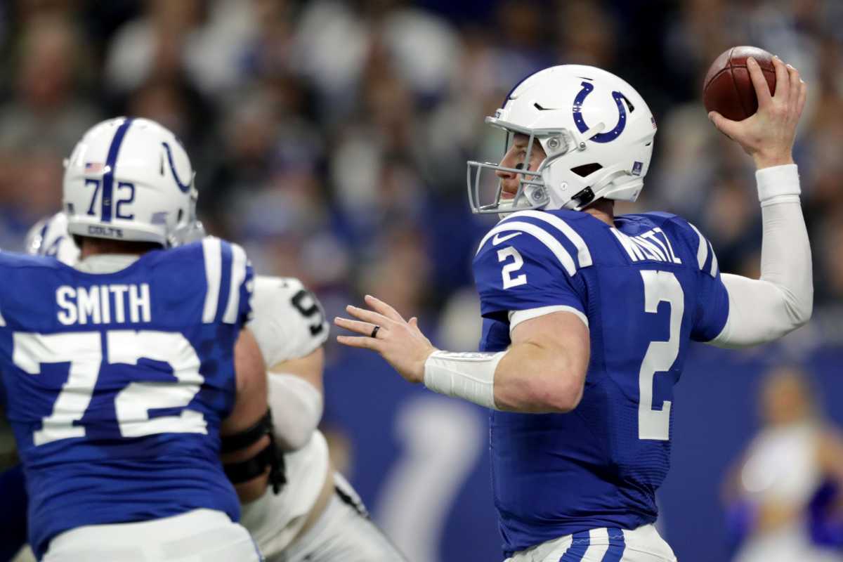 Indianapolis Colts quarterback Carson Wentz (2) draws back to pass Sunday, Jan. 2, 2022, during a game against the Las Vegas Raiders at Lucas Oil Stadium in Indianapolis.